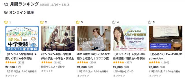 ストリートアカデミー（ストアカ）オンライン講座人気ランキング